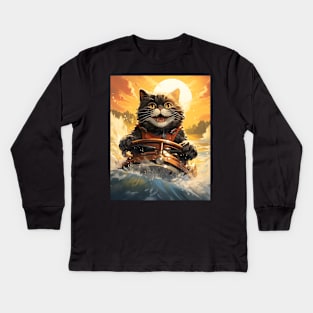 Retro Cats Summertime Boating | Vintage Style Kitty Art Kids Long Sleeve T-Shirt